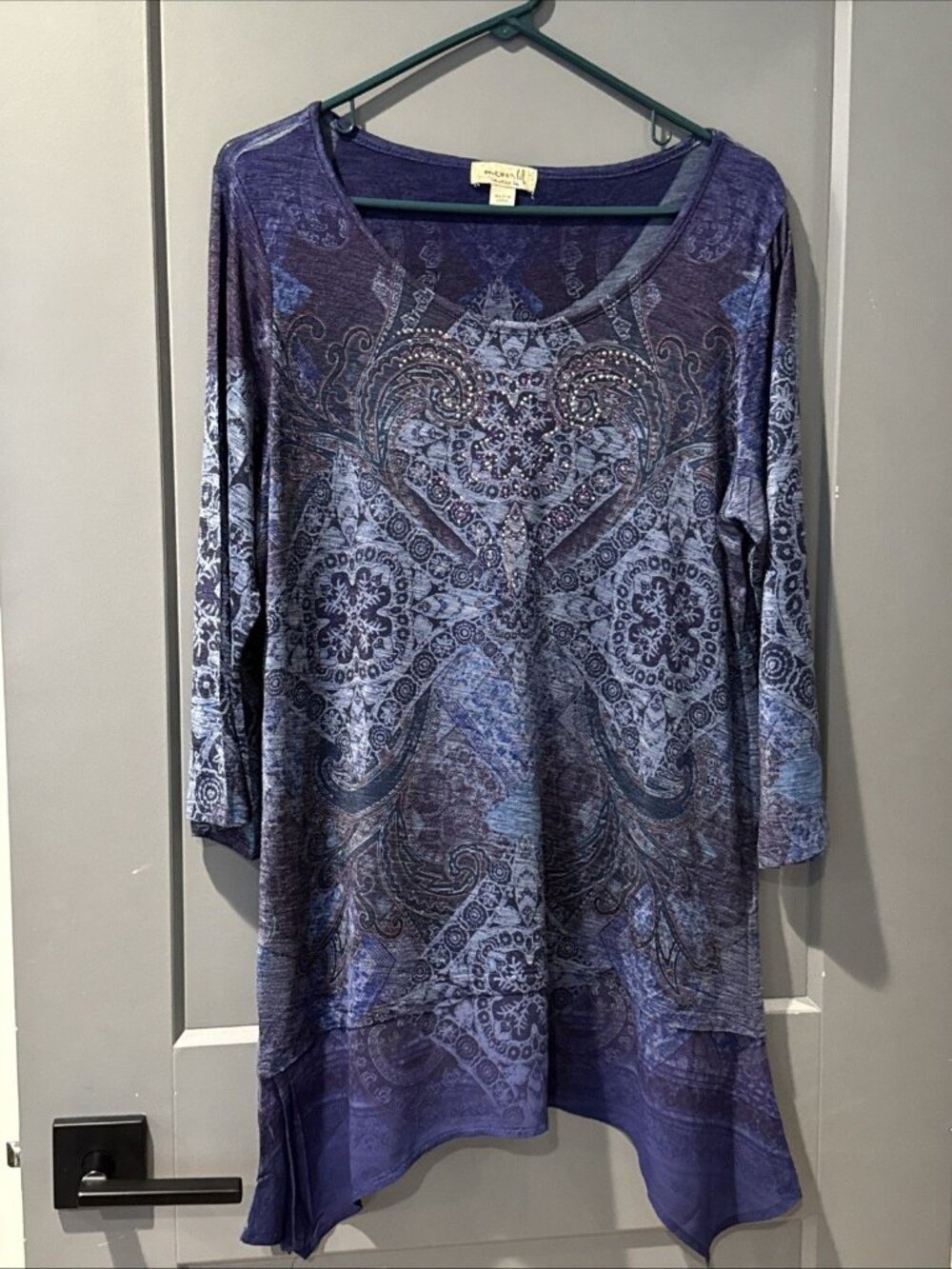 One World Printed Knit 3/4 Sleeve Chiffon Trimmed Sharkbite Tunic Purple Blue